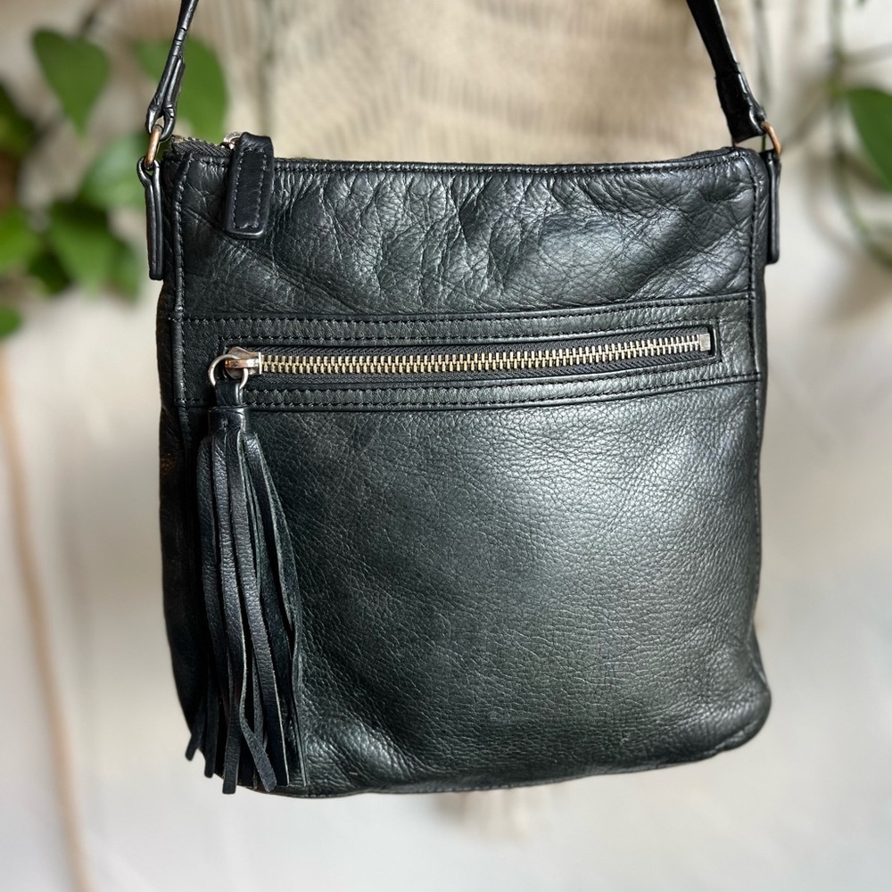 Margot Genuine Leather Black Crossbody Bag Tassel Zip Pebbled Medium